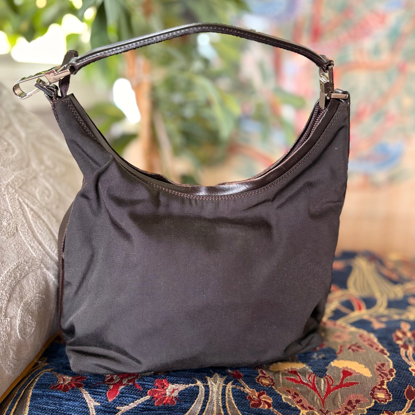 Gucci Black Nylon Tote Bag with Leather Trim