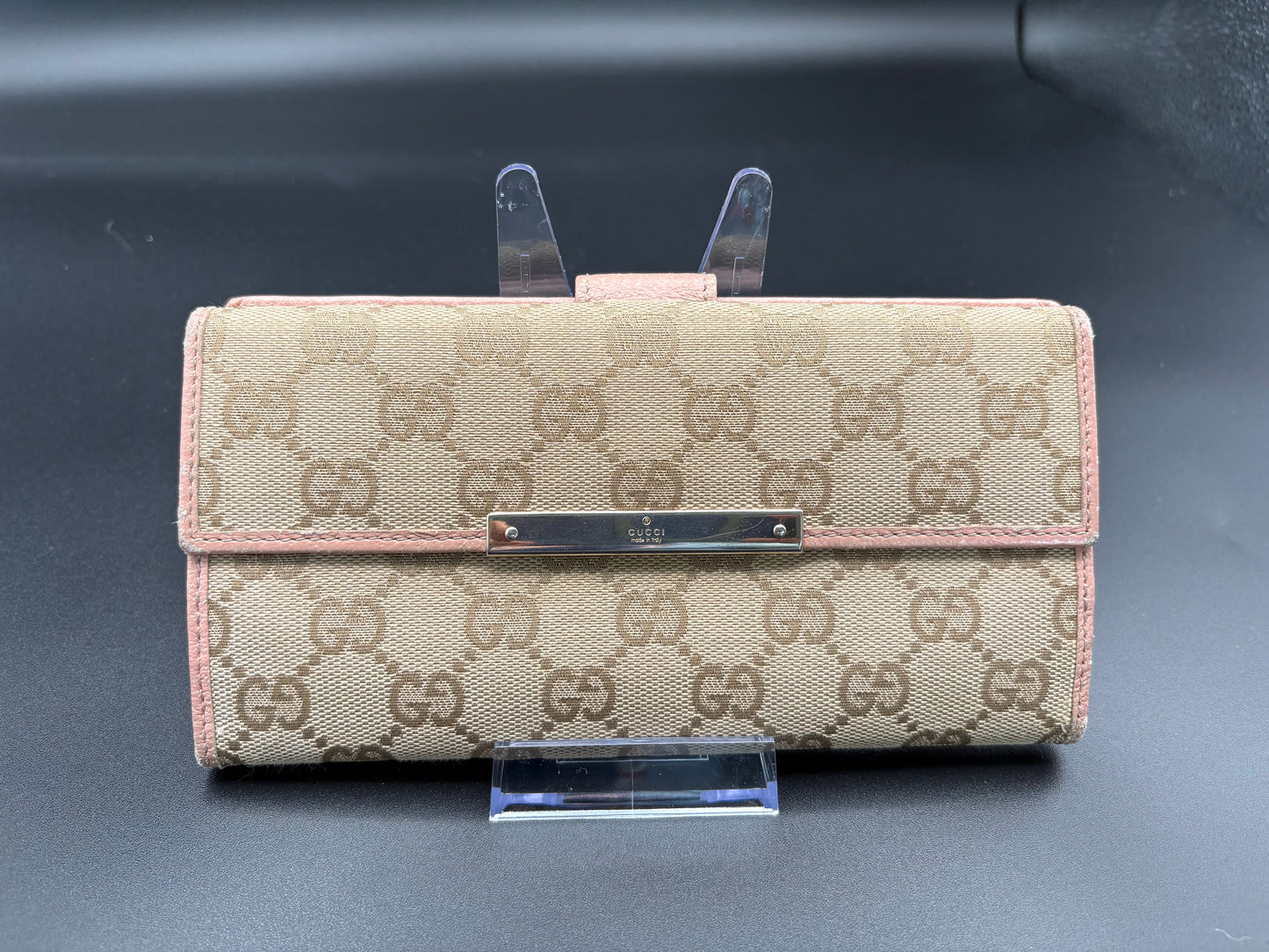 Gucci Brown GG Canvas Long Wallet- Pink Accents