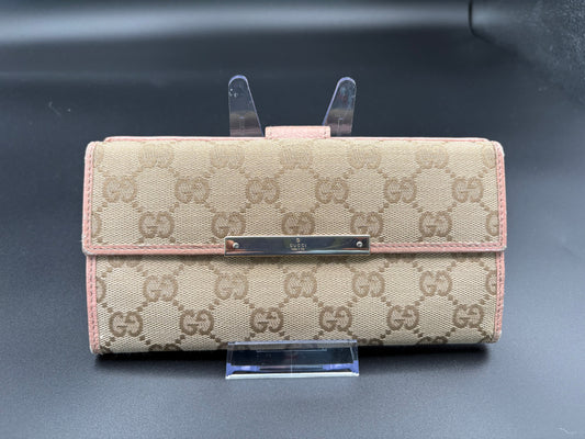 Gucci Brown GG Canvas Long Wallet- Pink Accents
