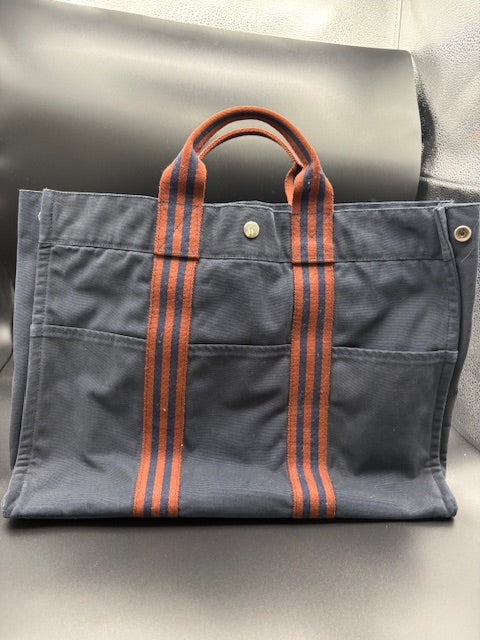 Hermès Fourre-Tout Tote – Navy Canvas with Red Web Stripes