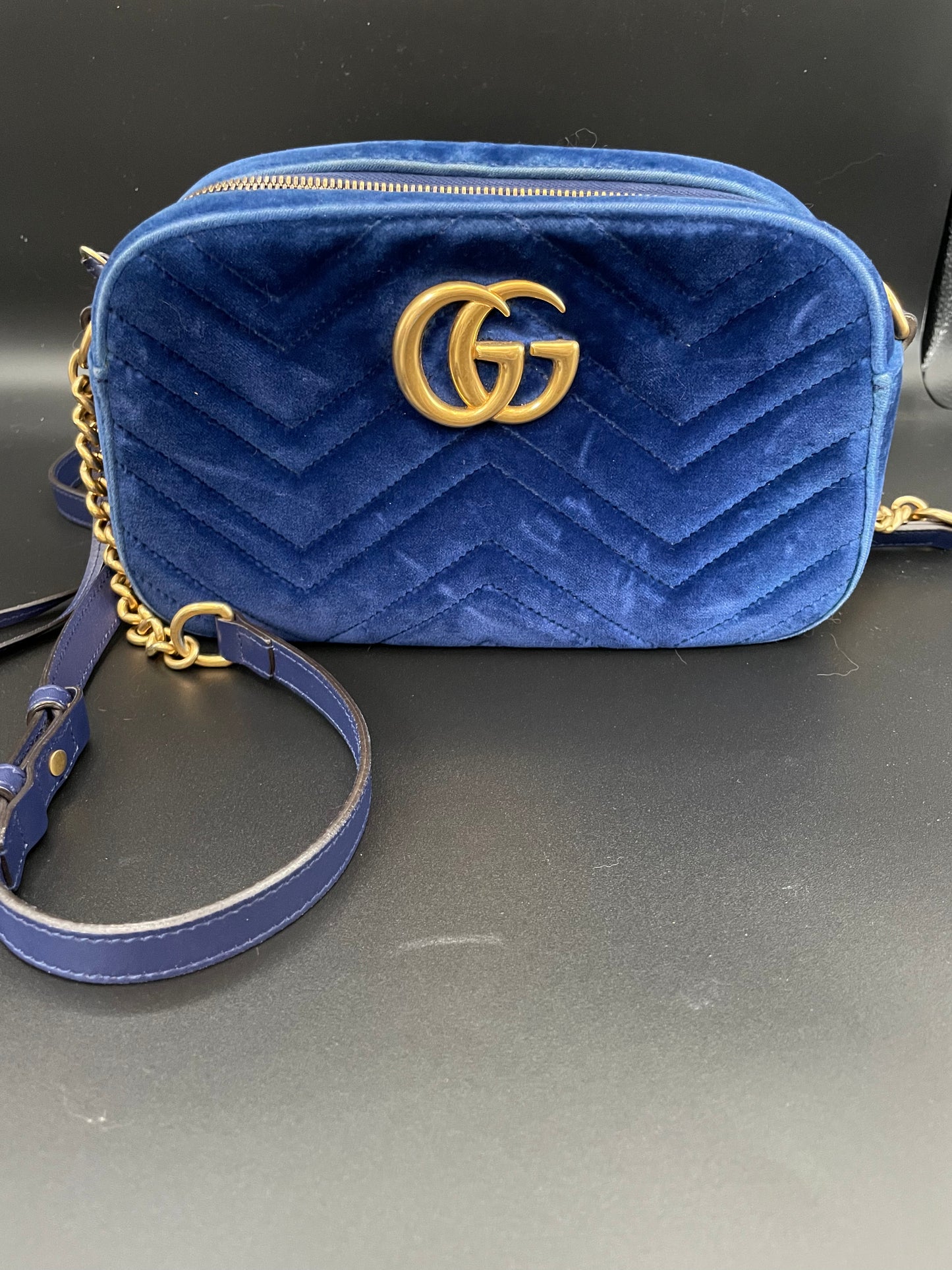 Gucci GG Marmont Matelasse Chain Shoulder bag Navy Velour and leather
