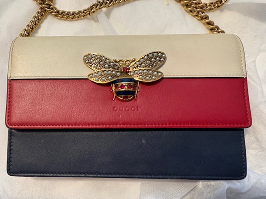 Gucci Queen Margaret Bee Chain Wallet / Crossbody Bag Tricolor Leather