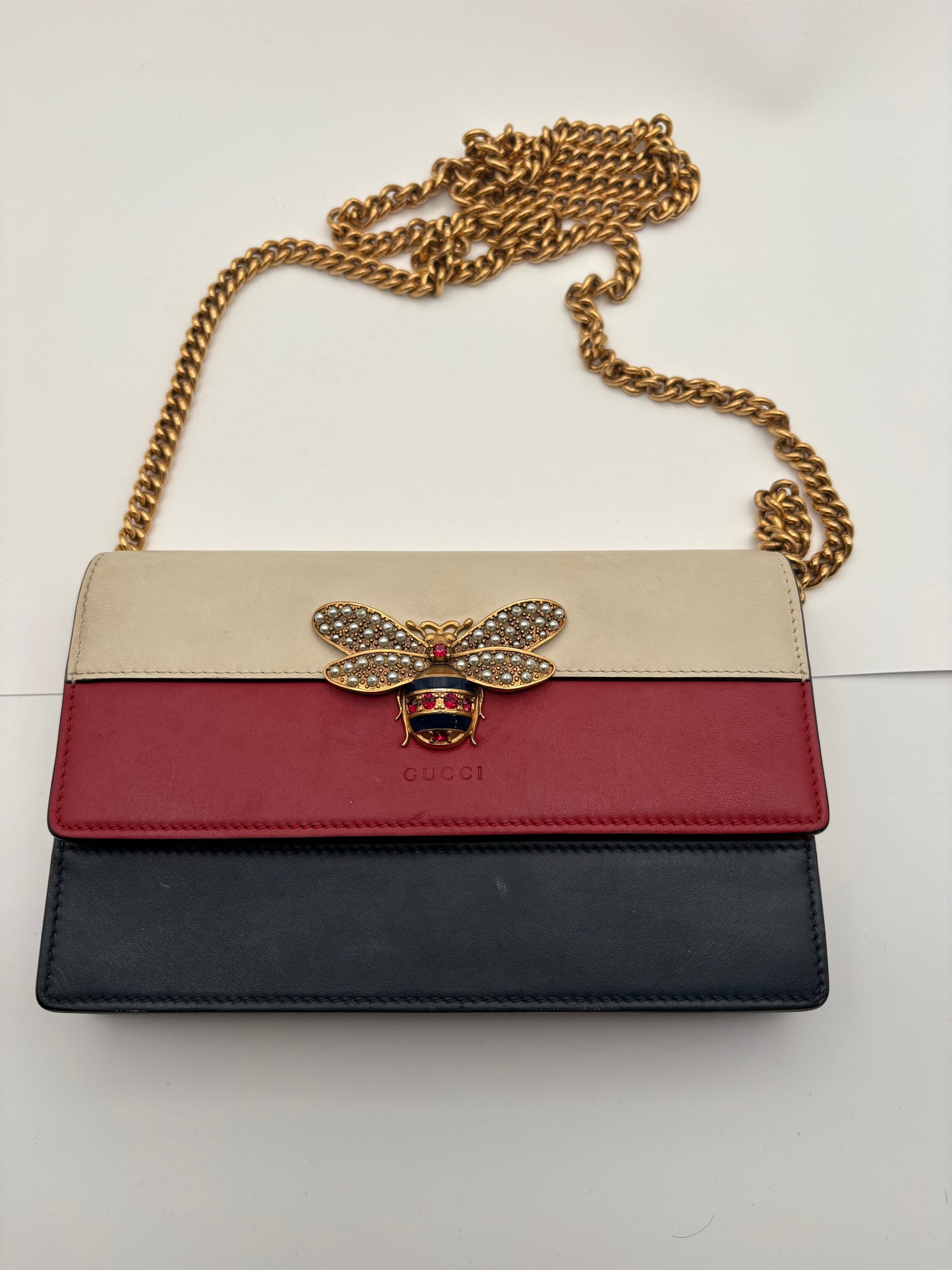 Gucci Queen Margaret Bee Chain Wallet / Crossbody Bag Tricolor Leather