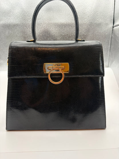 Salvatore Ferragamo Vintage Top Handle Bag Black Lizard Embossed Leather Gancini