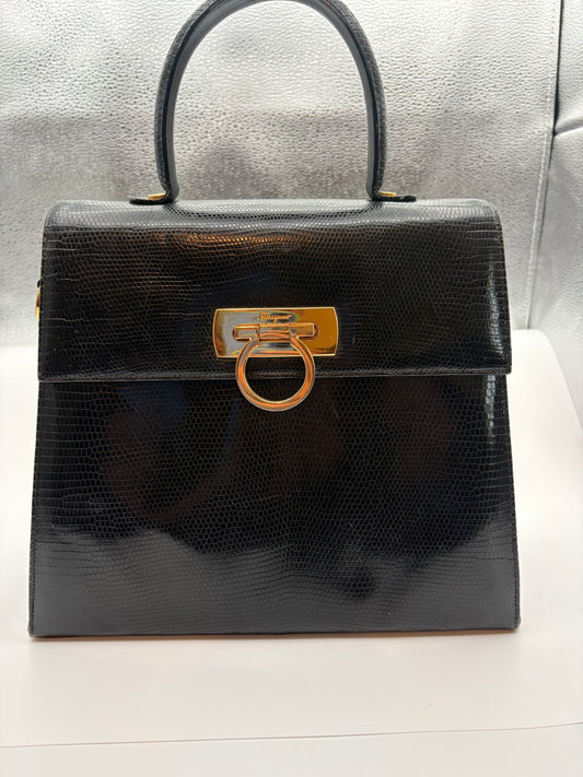 Salvatore Ferragamo Vintage Top Handle Bag Black Lizard Embossed Leather Gancini