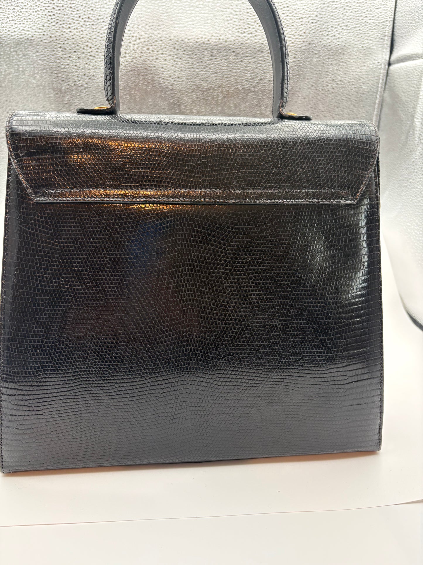 Salvatore Ferragamo Vintage Top Handle Bag Black Lizard Embossed Leather Gancini
