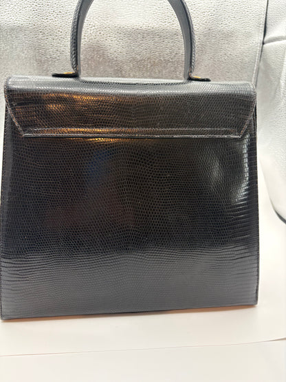 Salvatore Ferragamo Vintage Top Handle Bag Black Lizard Embossed Leather Gancini