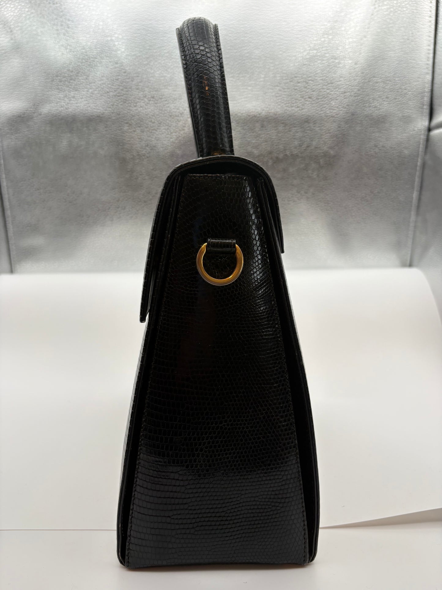 Salvatore Ferragamo Vintage Top Handle Bag Black Lizard Embossed Leather Gancini