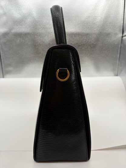 Salvatore Ferragamo Vintage Top Handle Bag Black Lizard Embossed Leather Gancini