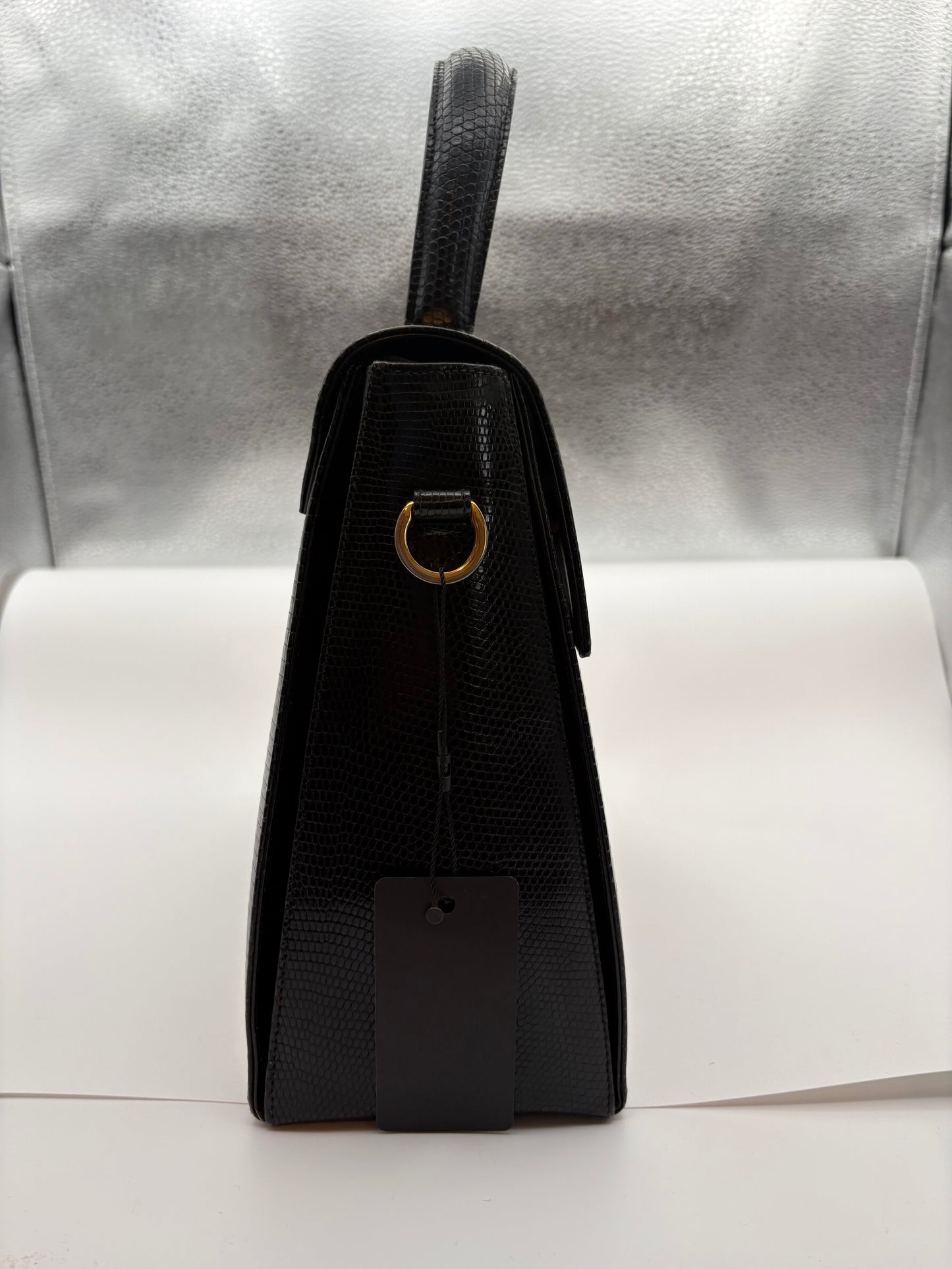 Salvatore Ferragamo Vintage Top Handle Bag Black Lizard Embossed Leather Gancini