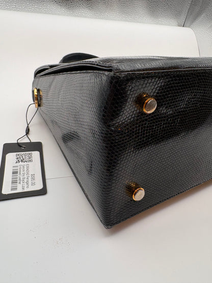 Salvatore Ferragamo Vintage Top Handle Bag Black Lizard Embossed Leather Gancini