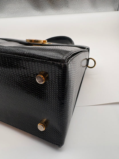 Salvatore Ferragamo Vintage Top Handle Bag Black Lizard Embossed Leather Gancini